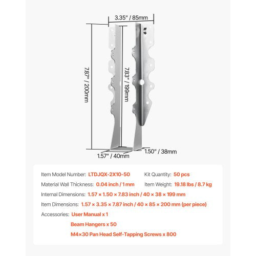 Floor joist hanger for wall mounting, internal dimensions 40x38x199 mm, 50 pcs.