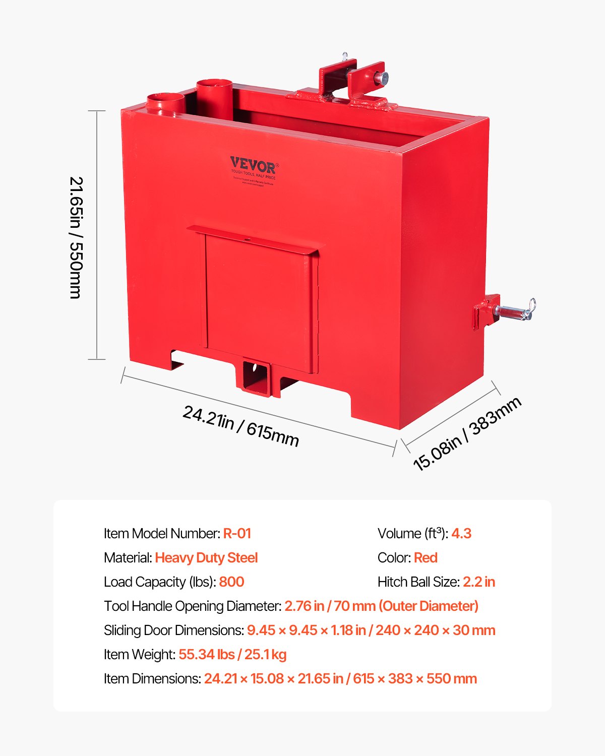 Ballast Box 3 Point Kategori 1 Traktor Quick Tach Hitch Motvikt Röd
