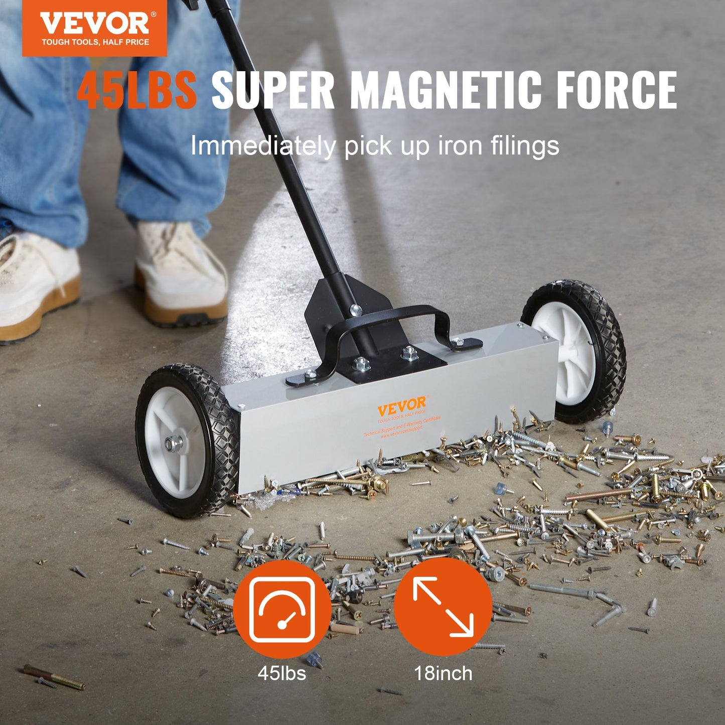 45 Pound Rolling Magnetic Sweeper with Wheels, Magnetic Pickup Push Type Sweeper, 18 Inch Pickup with Large Magnet for Lawn, Magnet with Telescopic Handle, Easy Cleaning of Workshop Garage