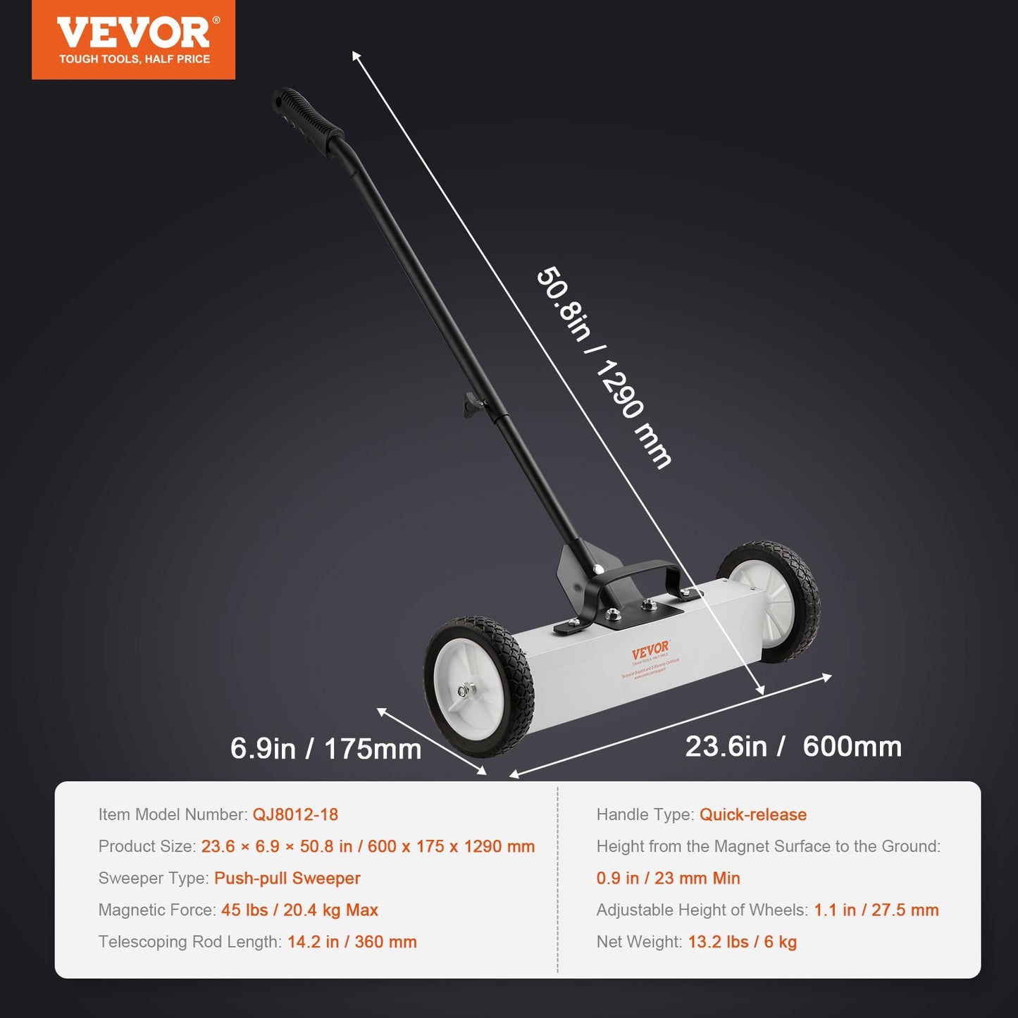 45 Pound Rolling Magnetic Sweeper with Wheels, Magnetic Pickup Push Type Sweeper, 18 Inch Pickup with Large Magnet for Lawn, Magnet with Telescopic Handle, Easy Cleaning of Workshop Garage