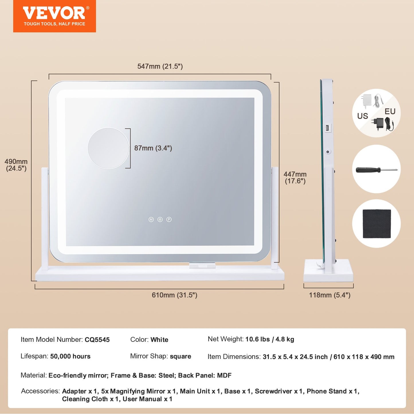 Lighted Makeup Mirror 3-färgad sminkspegel med USB-portförstoring21,7x17,7 tum