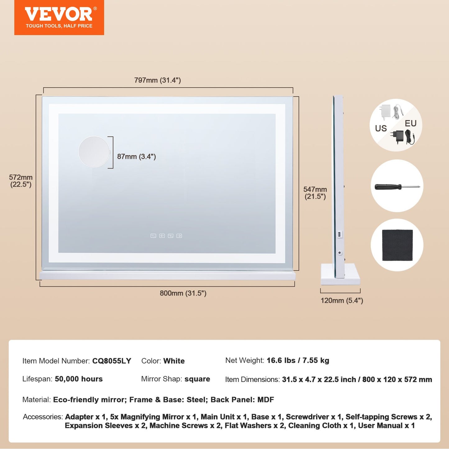 Lighted Makeup Mirror 3 Color med Bluetooth USB Desktop Väggfäste 21,7 tum