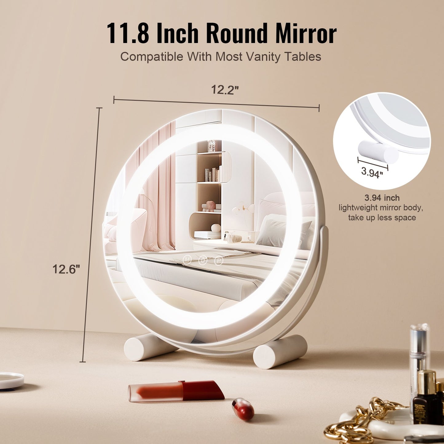 12” Sminkspegel med lampor LED sminkrund med Smart Touch för sovrum