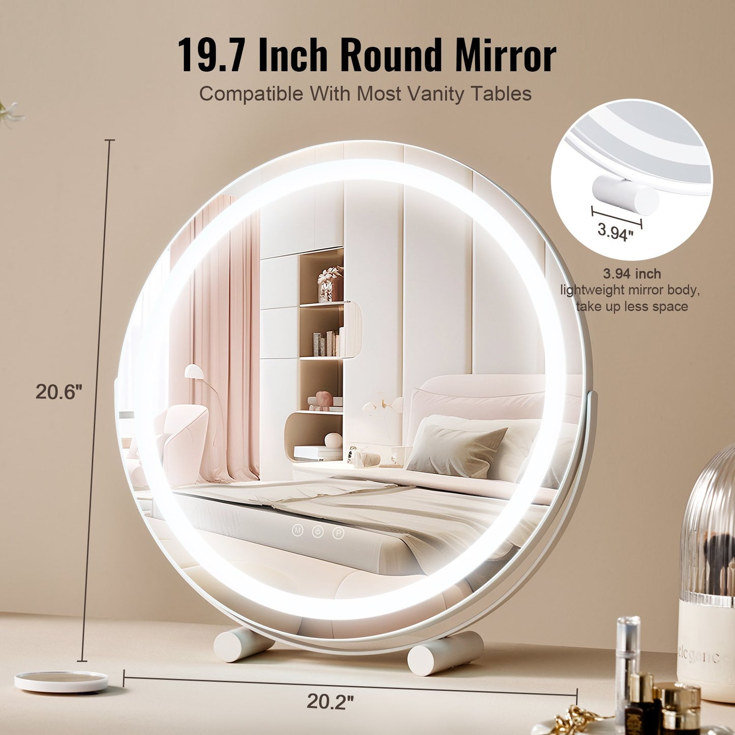 20” sminkspegel med lampor LED sminkrund med Smart Touch för sovrum