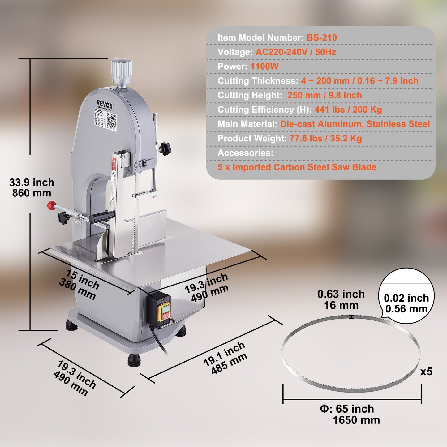 1100W kommerzielle elektrische Fleischbandsäge Edelstahl Knochensäge Maschine