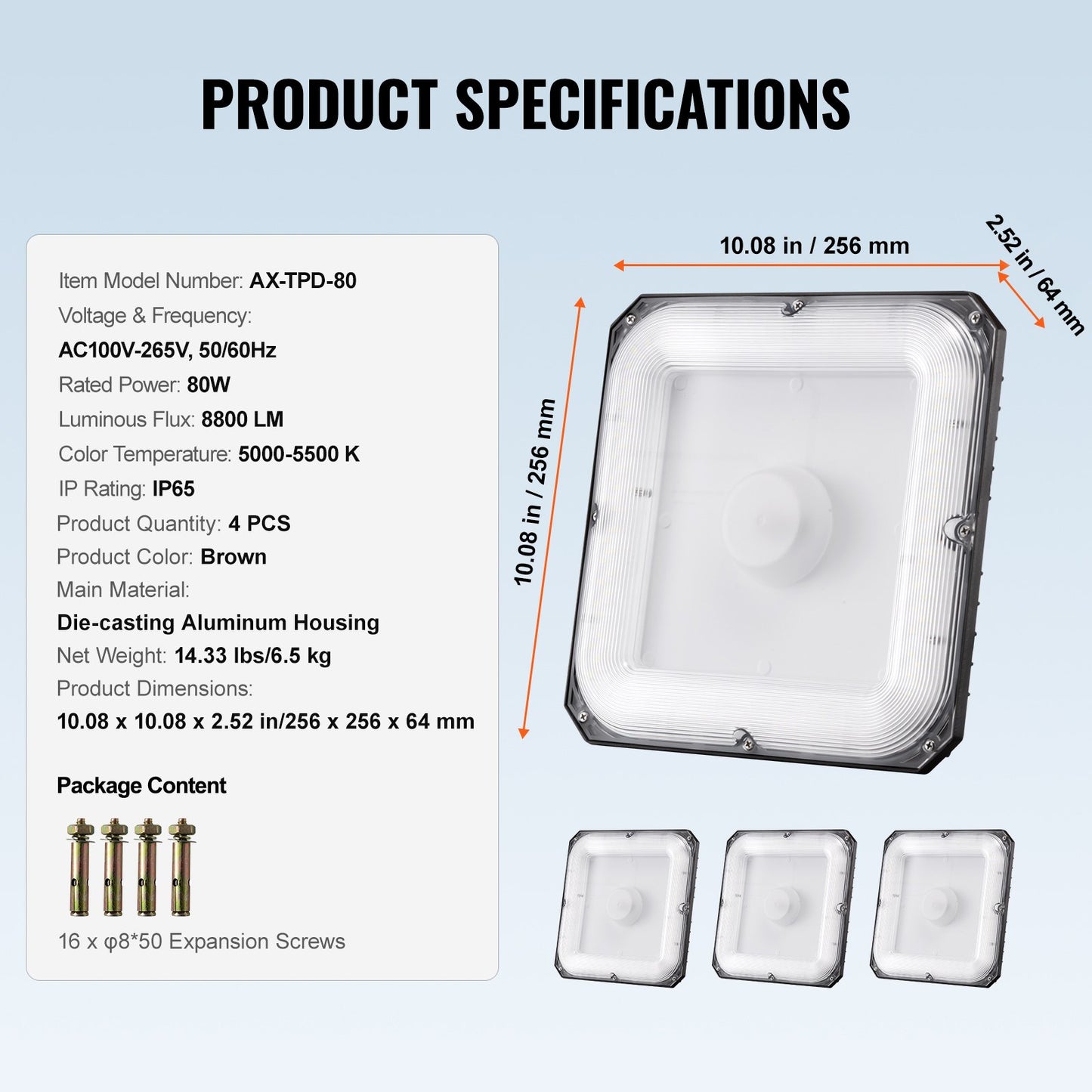 4-pack LED Canopy Lights 80W 8800LM 5000K Daylight Outdoor Canopy Lighting