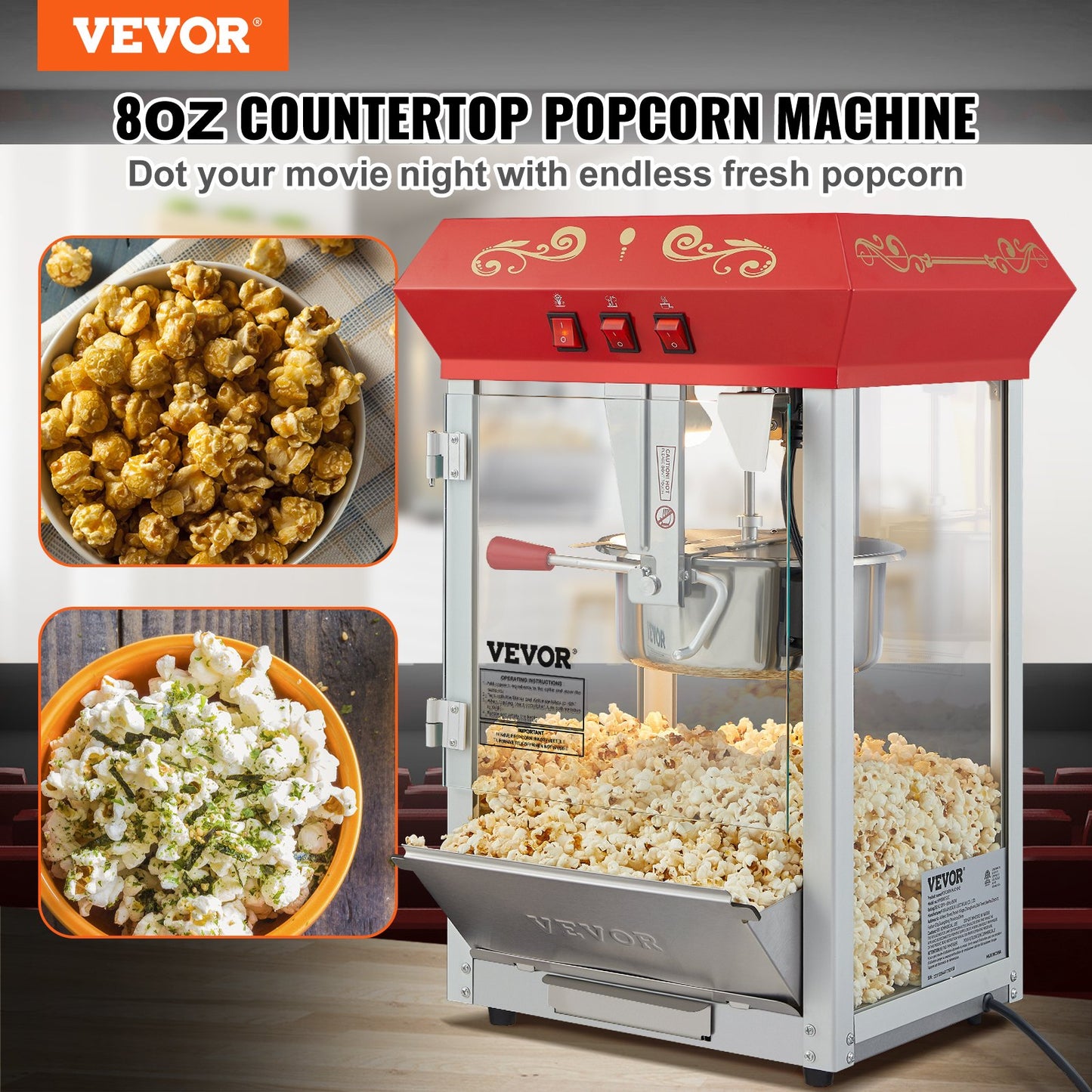 Popcorn Popper Machine Countertop Popcorn Maker 850W 8 Oz 48 Cups Red