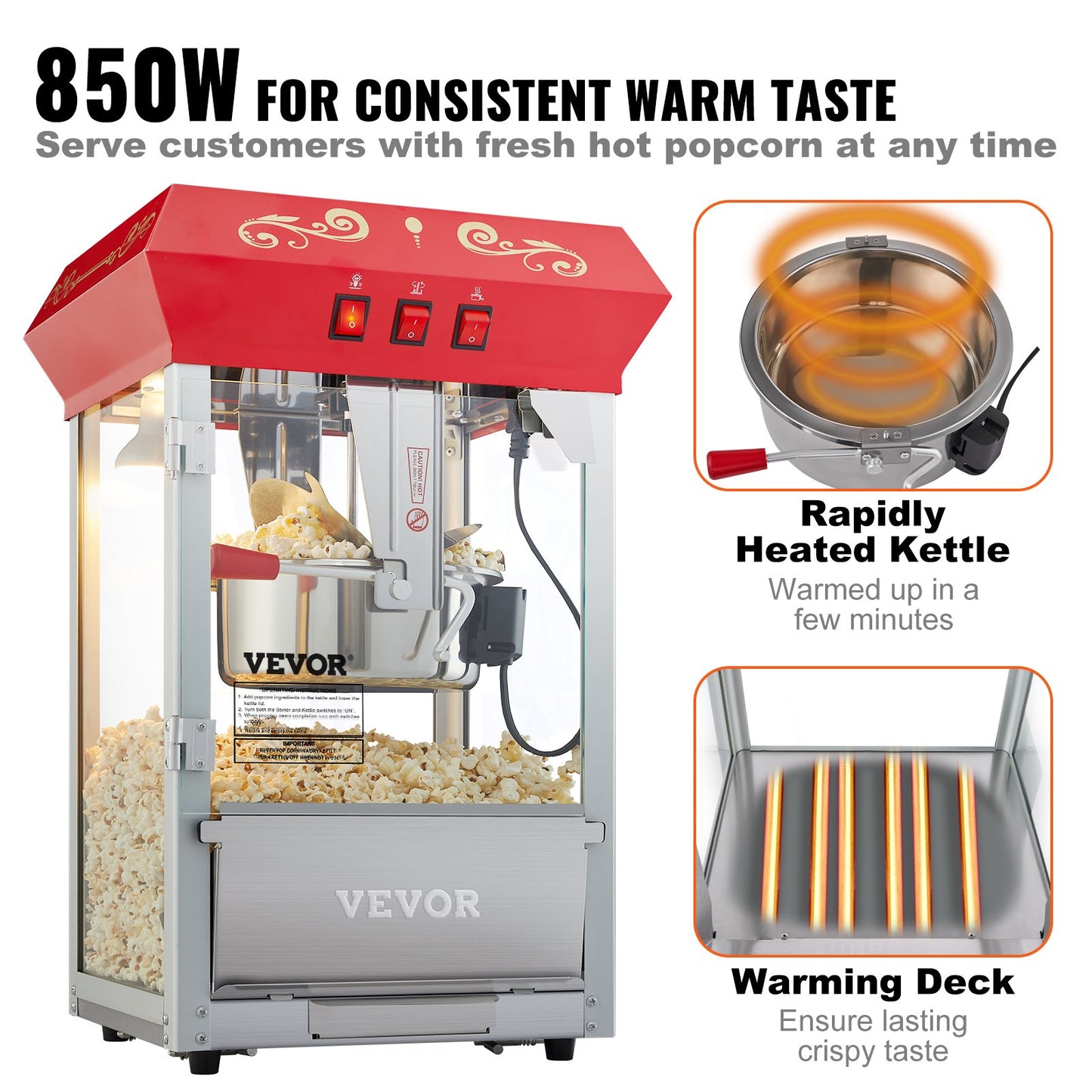 Popcorn Popper Machine Countertop Popcorn Maker 850W 8 Oz 48 Cups Red