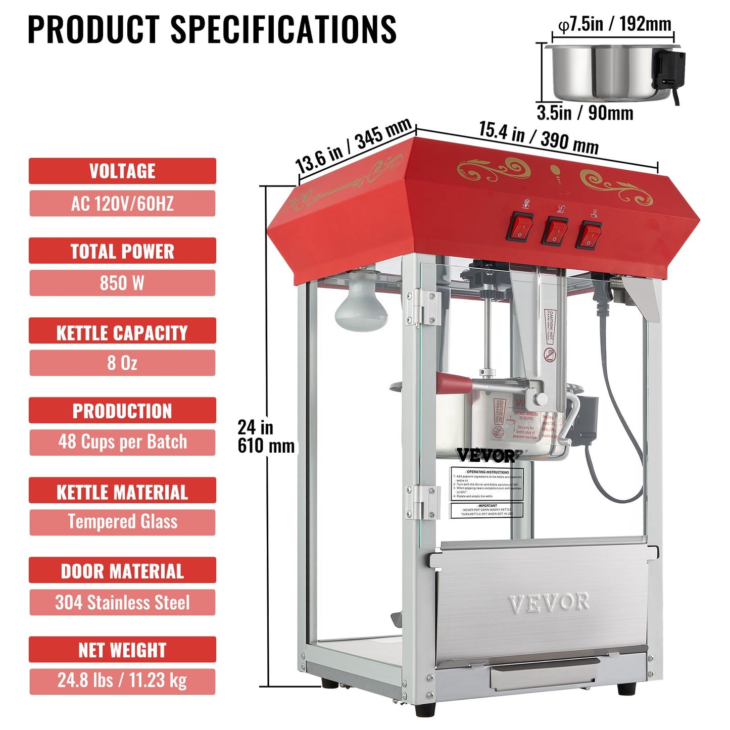 Popcorn Popper Machine Countertop Popcorn Maker 850W 8 Oz 48 Cups Red
