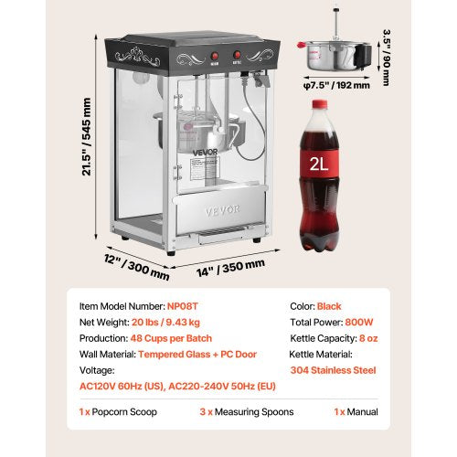 Popcorn Machine Countertop Popcorn Popper Maker 800W 0.2kg Kettle Black | EU