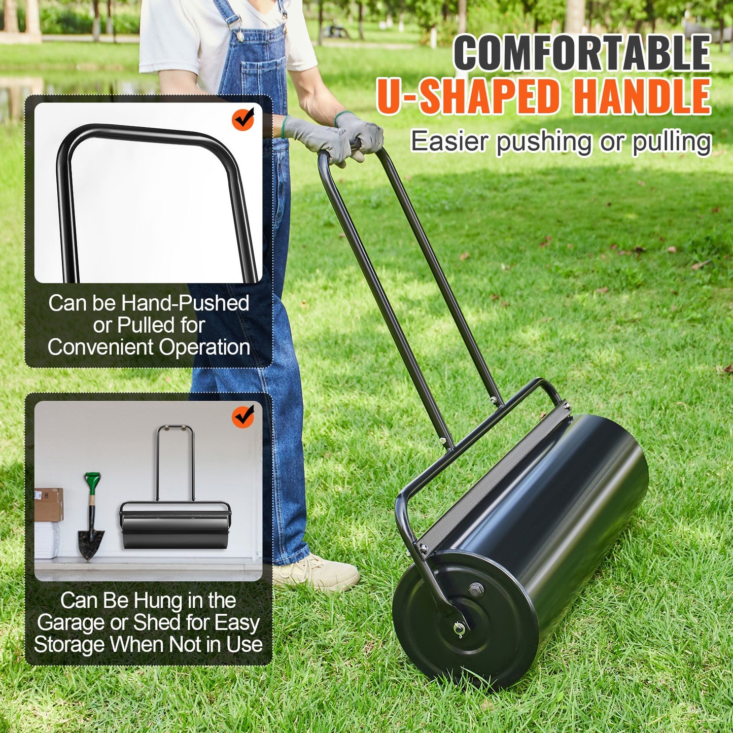 Lawn, 17 Gallon Sand/Water Filled Yard Roller, Steel Turf Roller with Easy-to-Turn Plug and U-Shaped Ergonomic Handle for Comfortable Push and Pull, for Lawn, Garden, Yard, Park, Black
