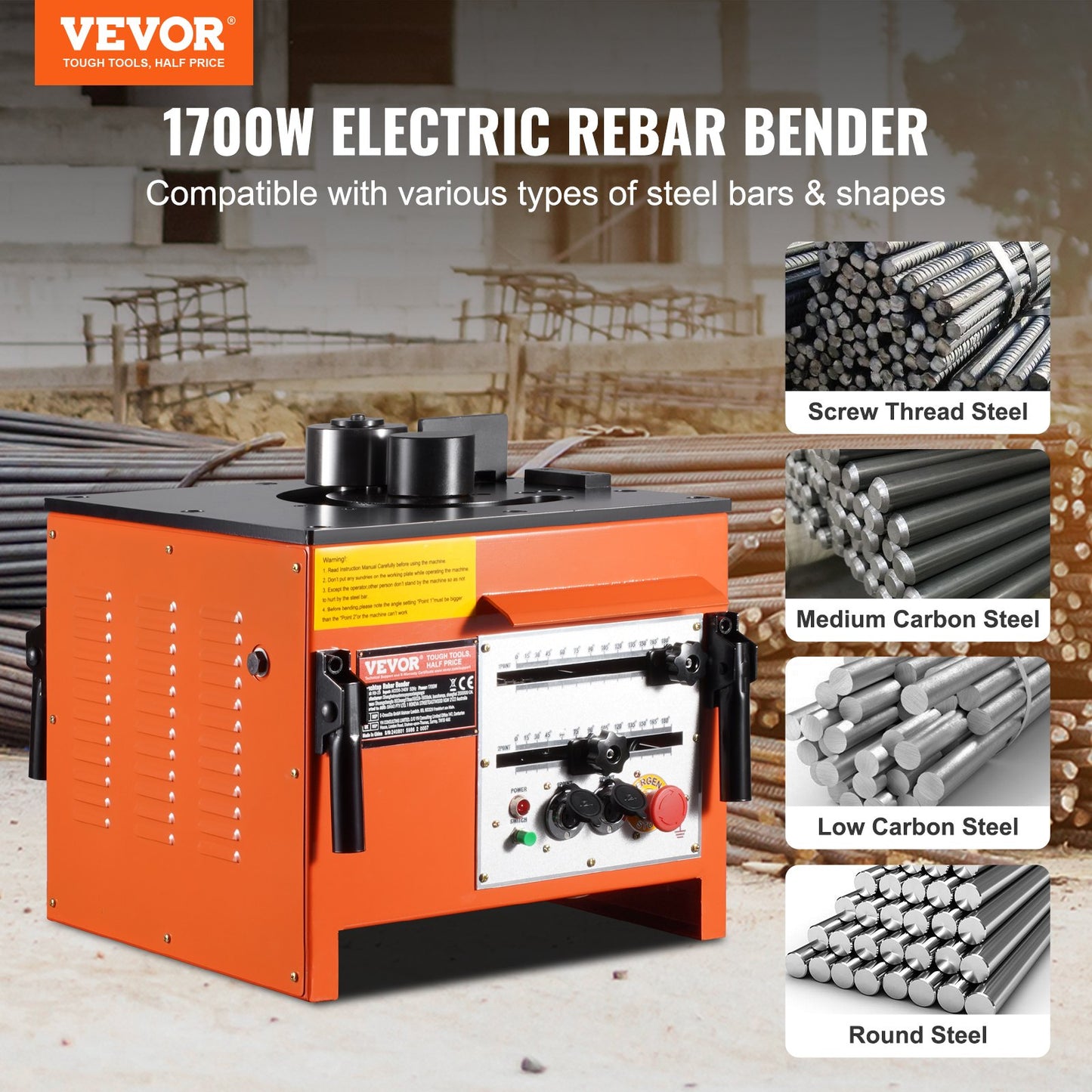 Benchtop elektrisk armeringsjärnsbockare 1700W 3 vinkel upp till 1 tum #8 (4-25 mm)