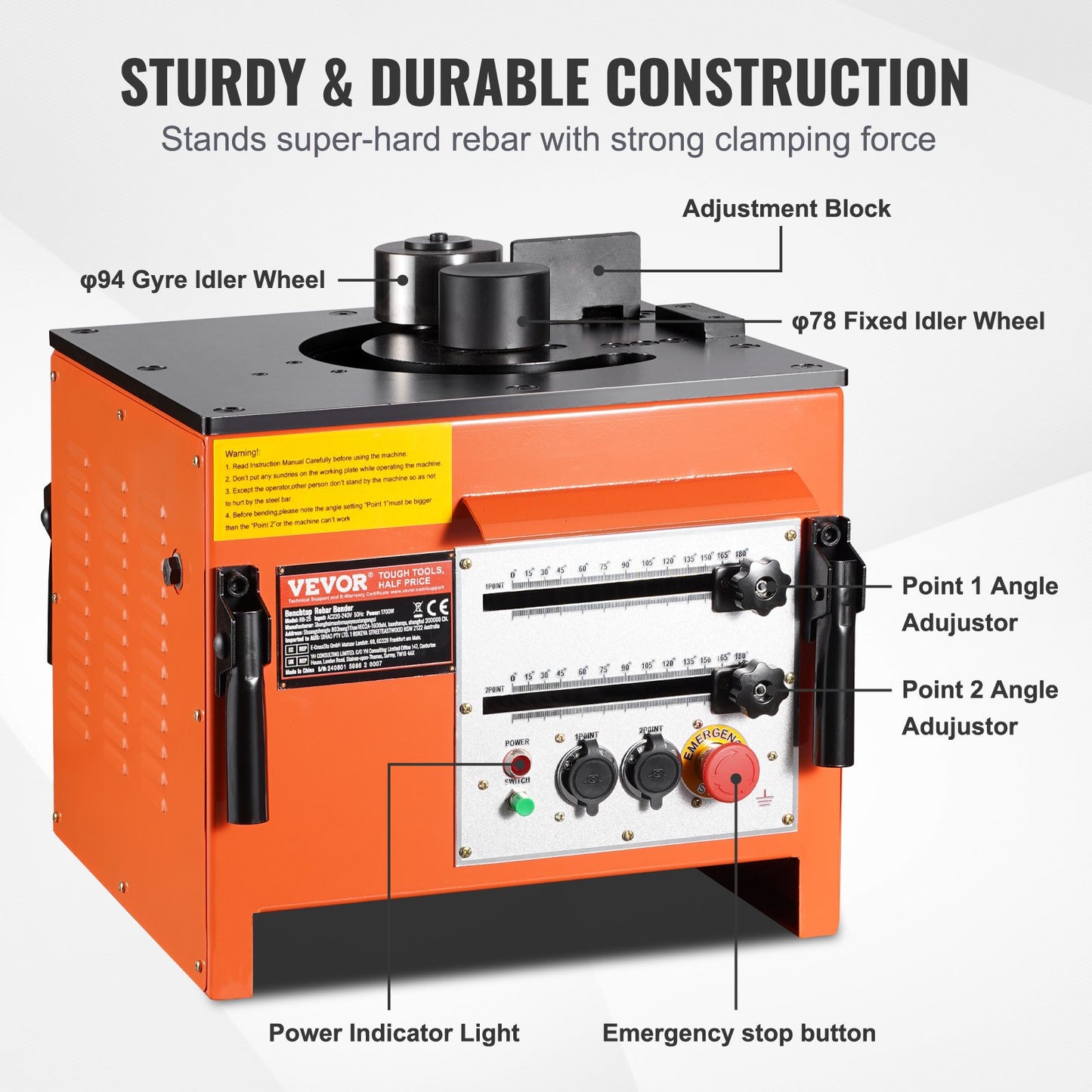 Benchtop elektrisk armeringsjärnsbockare 1700W 3 vinkel upp till 1 tum #8 (4-25 mm)