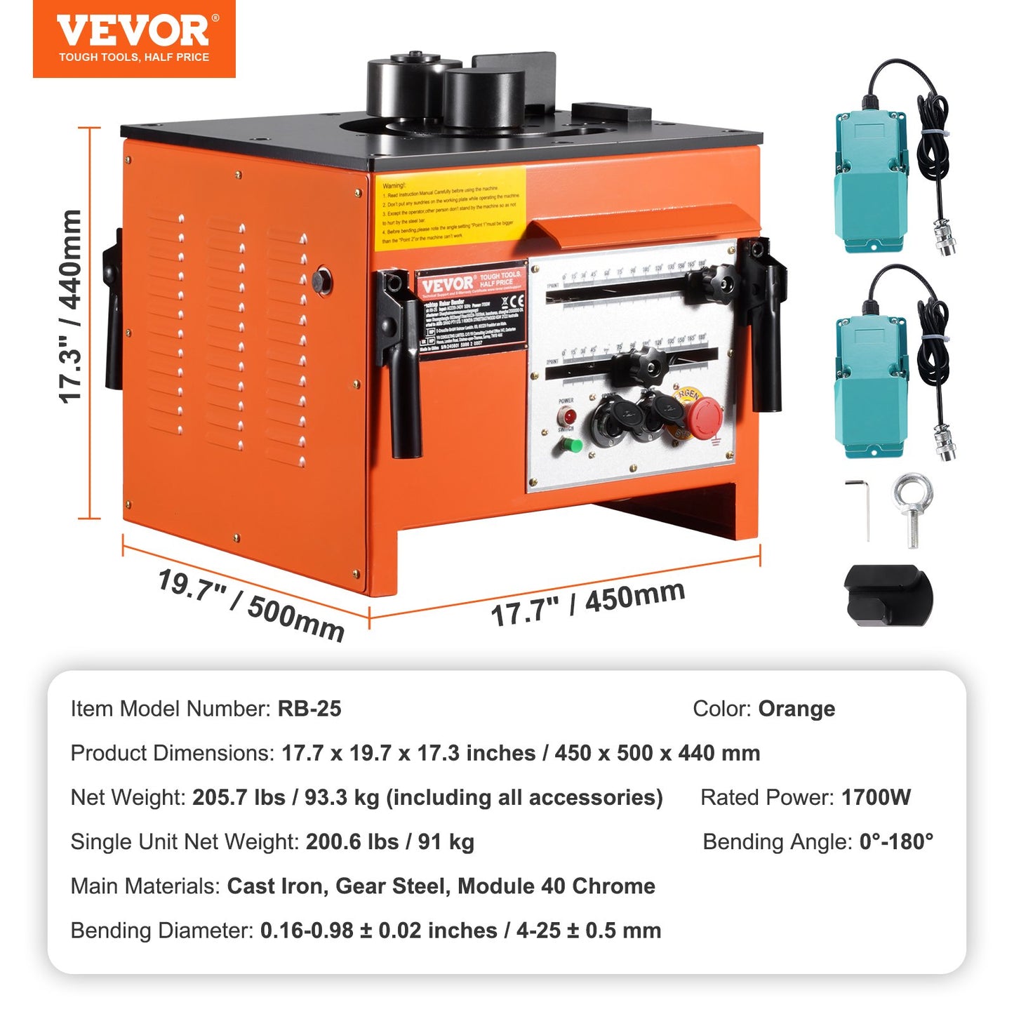 Benchtop elektrisk armeringsjärnsbockare 1700W 3 vinkel upp till 1 tum #8 (4-25 mm)