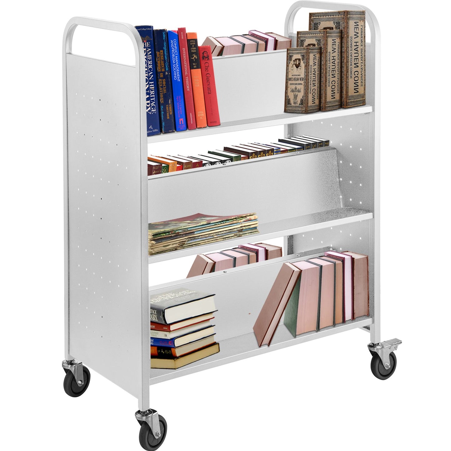 Bokvagn, 200 pund biblioteksvagn, 35x19x49 tums rullande bokvagn Dubbelsidiga W-formade lutande hyllor med 4-tums låsbara hjul, för hemhyllor kontors- och skolboklastbil i vitt