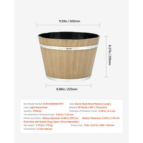Växtkrukor, 4-pack 300 mm Whiskey Barrel Planters med dräneringshål, Stor Utvändig Plast Dekorativ Blomkruka Imitation Vinfat Design För Inomhus- och Utomhusträdgård Hemväxter, Brun | EU