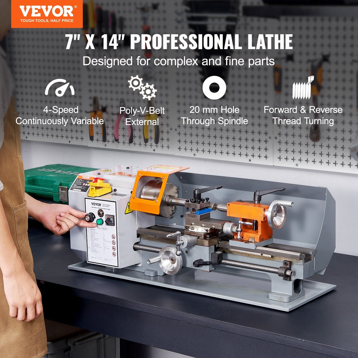 Metal Lathe, 7'' x 13.78'', Precision Benchtop Power Metal Lathe, 0-2200 rpm Continuously Variable Speed, 500W Brush Motor Metal Gears, with Toolbox for Machining Precision Parts