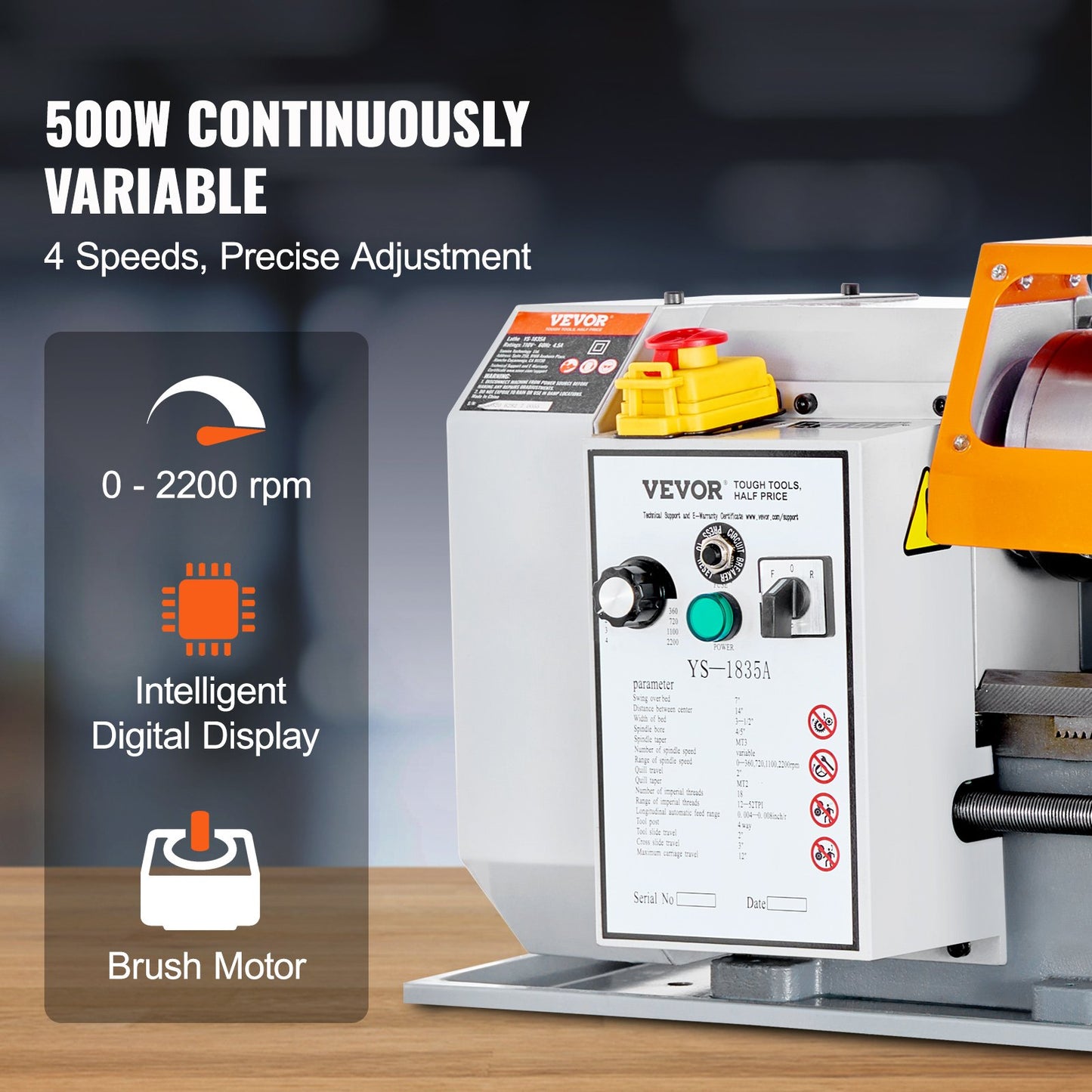 Metal Lathe, 7'' x 13.78'', Precision Benchtop Power Metal Lathe, 0-2200 rpm Continuously Variable Speed, 500W Brush Motor Metal Gears, with Toolbox for Machining Precision Parts