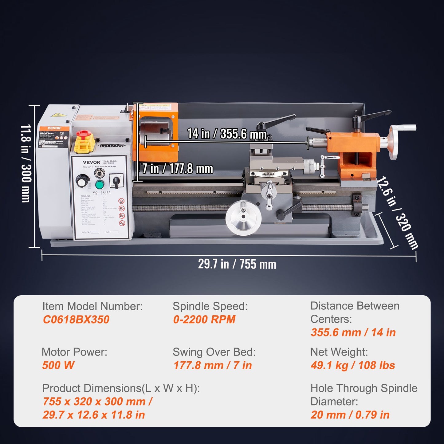 Metal Lathe, 7'' x 13.78'', Precision Benchtop Power Metal Lathe, 0-2200 rpm Continuously Variable Speed, 500W Brush Motor Metal Gears, with Toolbox for Machining Precision Parts