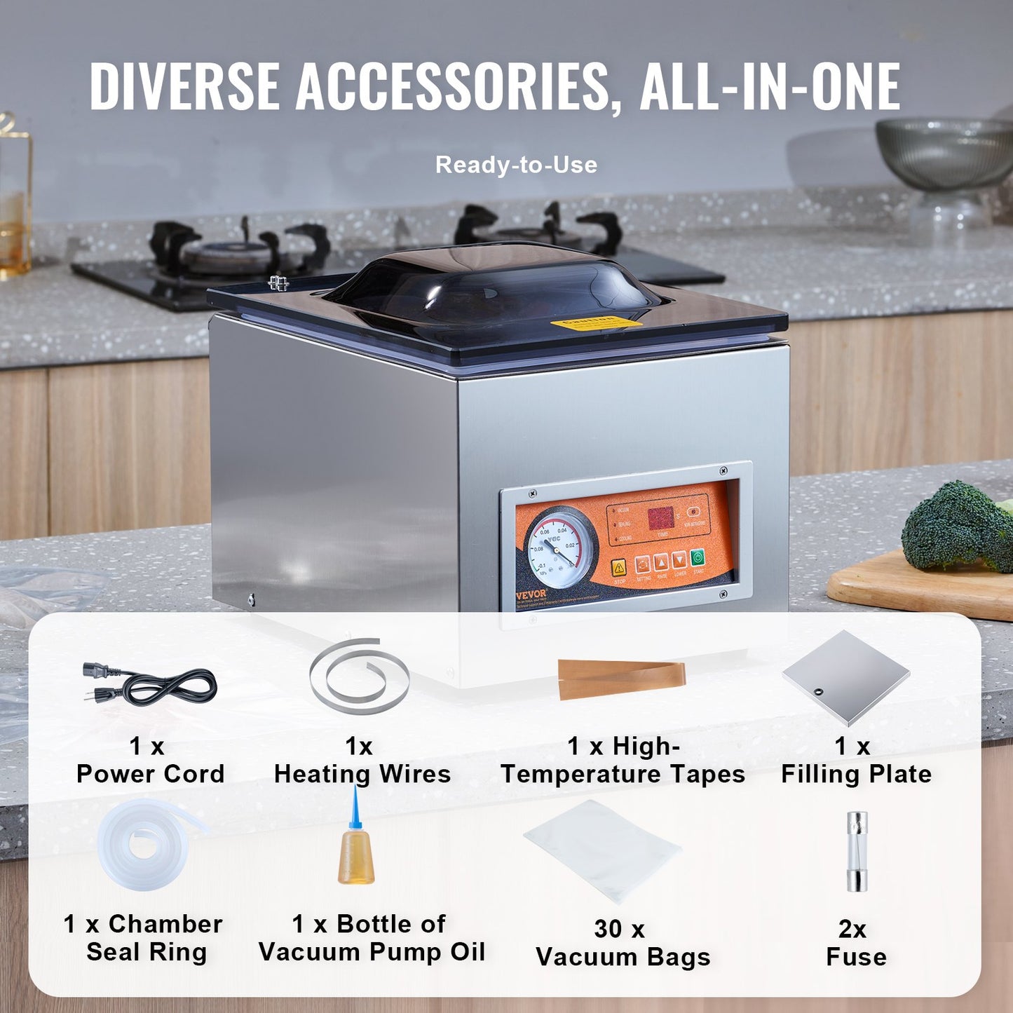 Chamber Vacuum Sealer, 260 W tätningseffekt, vakuumförpackningsmaskin för våtfoder, kött, marinader och mer, kompakt storlek med 10,2" tätningslängd, applicerad i hemköket och kommersiellt bruk
