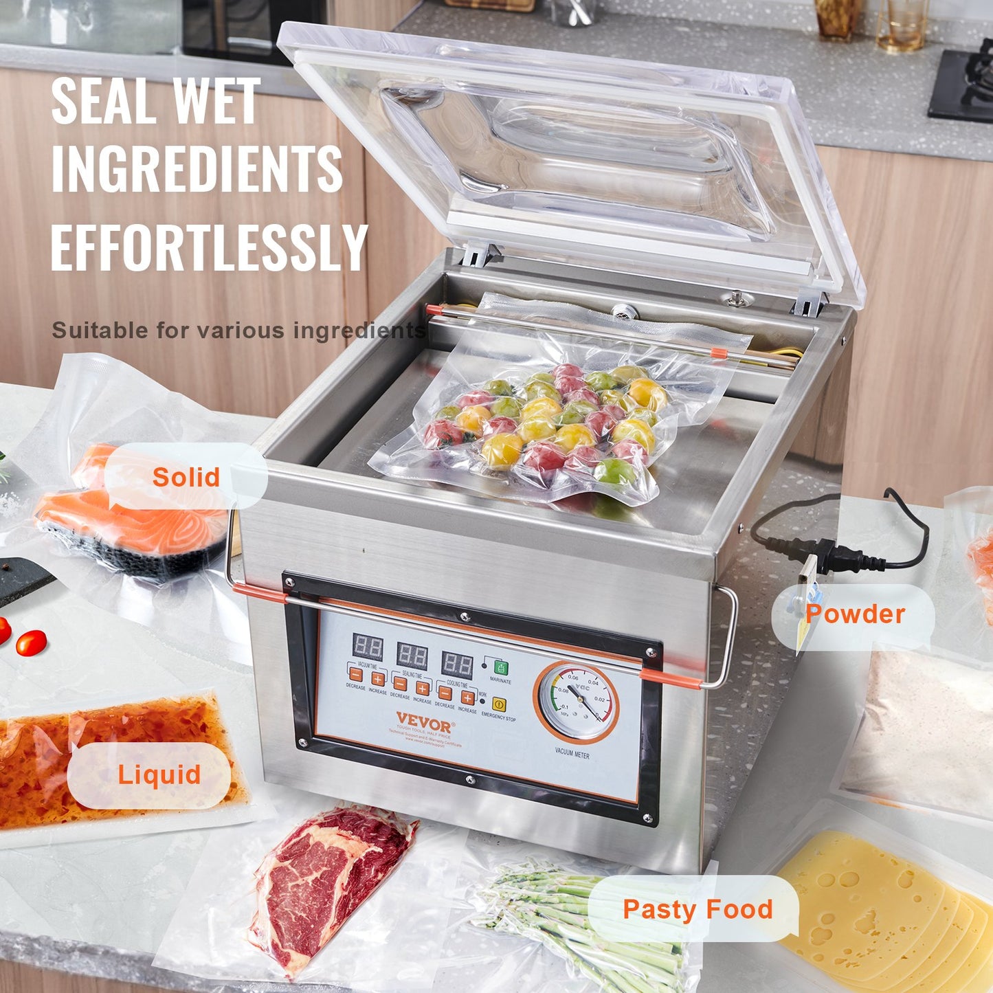 Chamber Vacuum Sealer, 320 W tätningseffekt, vakuumförpackningsmaskin för våtfoder, kött, marinader och mer, kompakt storlek med 12,6" tätningslängd, applicerad i hemköket och kommersiellt bruk