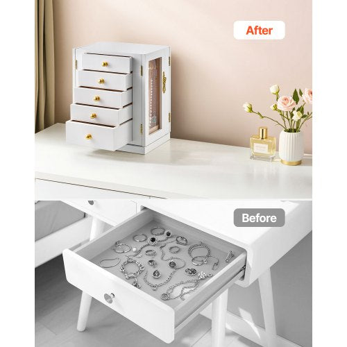 Jewelry Box 360° Rotating Jewelry Storage with 5 Spacious Drawers White