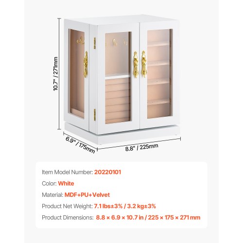 Jewelry Box 360° Rotating Jewelry Storage with 5 Spacious Drawers White