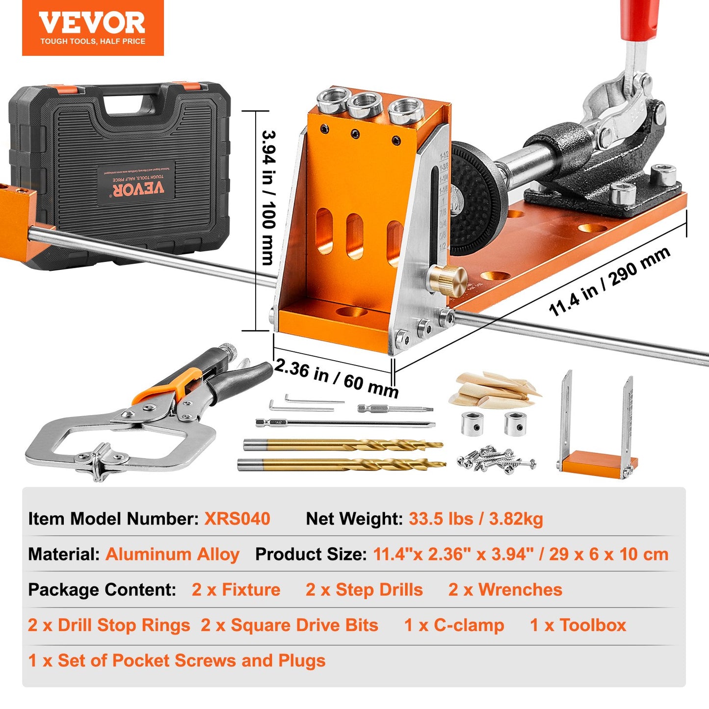Pocket Hole Jig Kit, 34 st Pocket Hole Jig System med 11" C-klämma, fixtur, stegborrar, skiftnycklar, borrstoppringar, fyrkantiga drivbits, verktygslåda, för DIY snickeriprojekt, justerbar