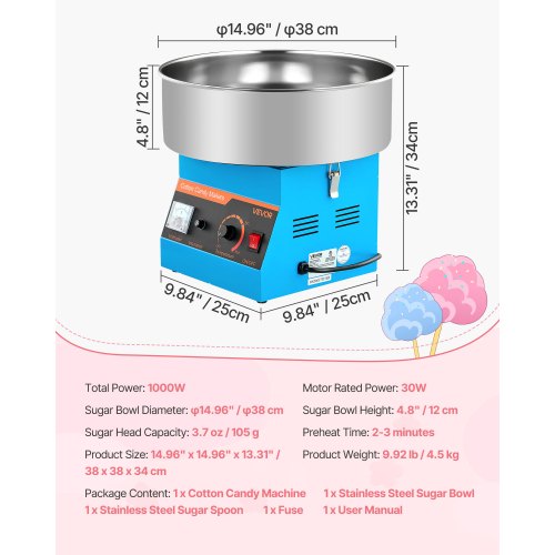 Commercial Cotton Candy Machine Electric Cotton Candy Machine 1000W Blue