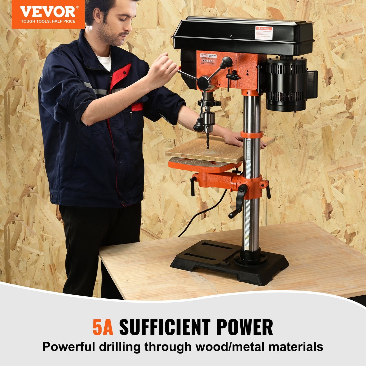 750-W-Tischbohrmaschine, 440–2580 U/min. Bohrmaschine mit stufenloser Drehzahlregelung mit 0–45° neigbarem Arbeitstisch, 12-Zoll-Schwenkbewegung, Röntgenpositionierung