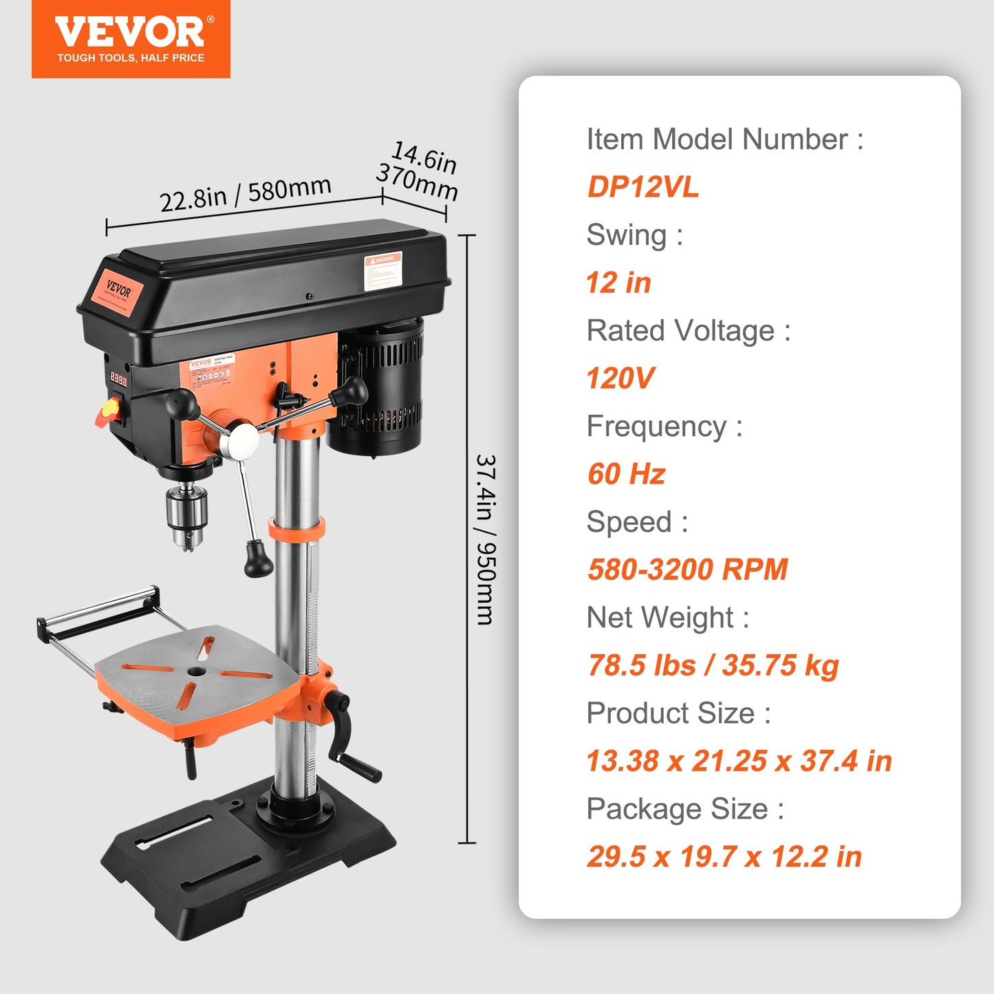 750-W-Tischbohrmaschine, 440–2580 U/min. Bohrmaschine mit stufenloser Drehzahlregelung mit 0–45° neigbarem Arbeitstisch, 12-Zoll-Schwenkbewegung, Röntgenpositionierung