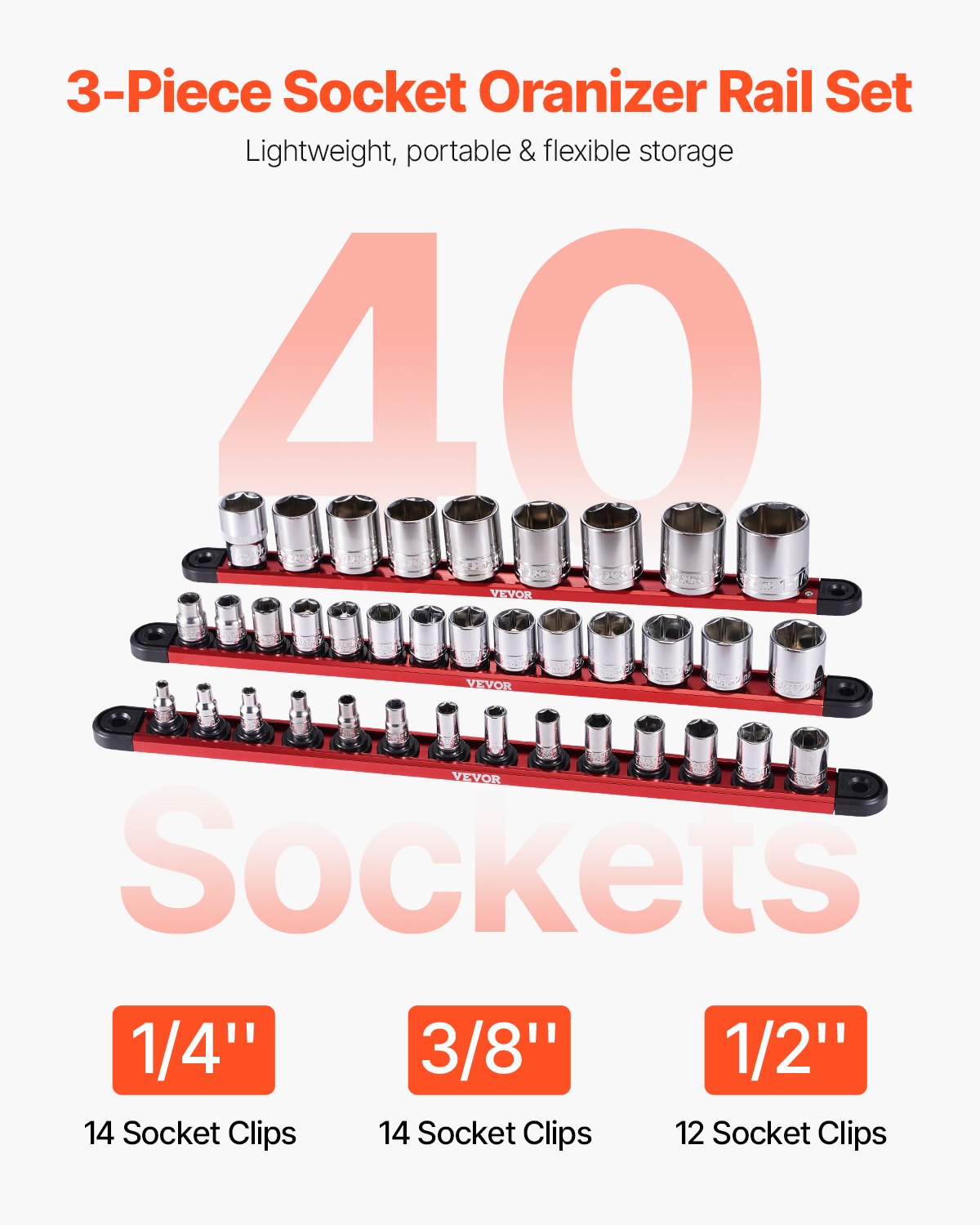 Socket Organizer Rail Set 3PCS Aluminum Socket Organizers with 40 clips