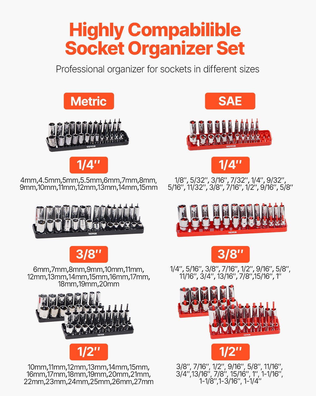 Steckschlüssel-Organizer-Set, 8-teilig, High-Rod-Steckschlüssel-Unterlegscheibe, schwarz und rot, für metrische SAE-