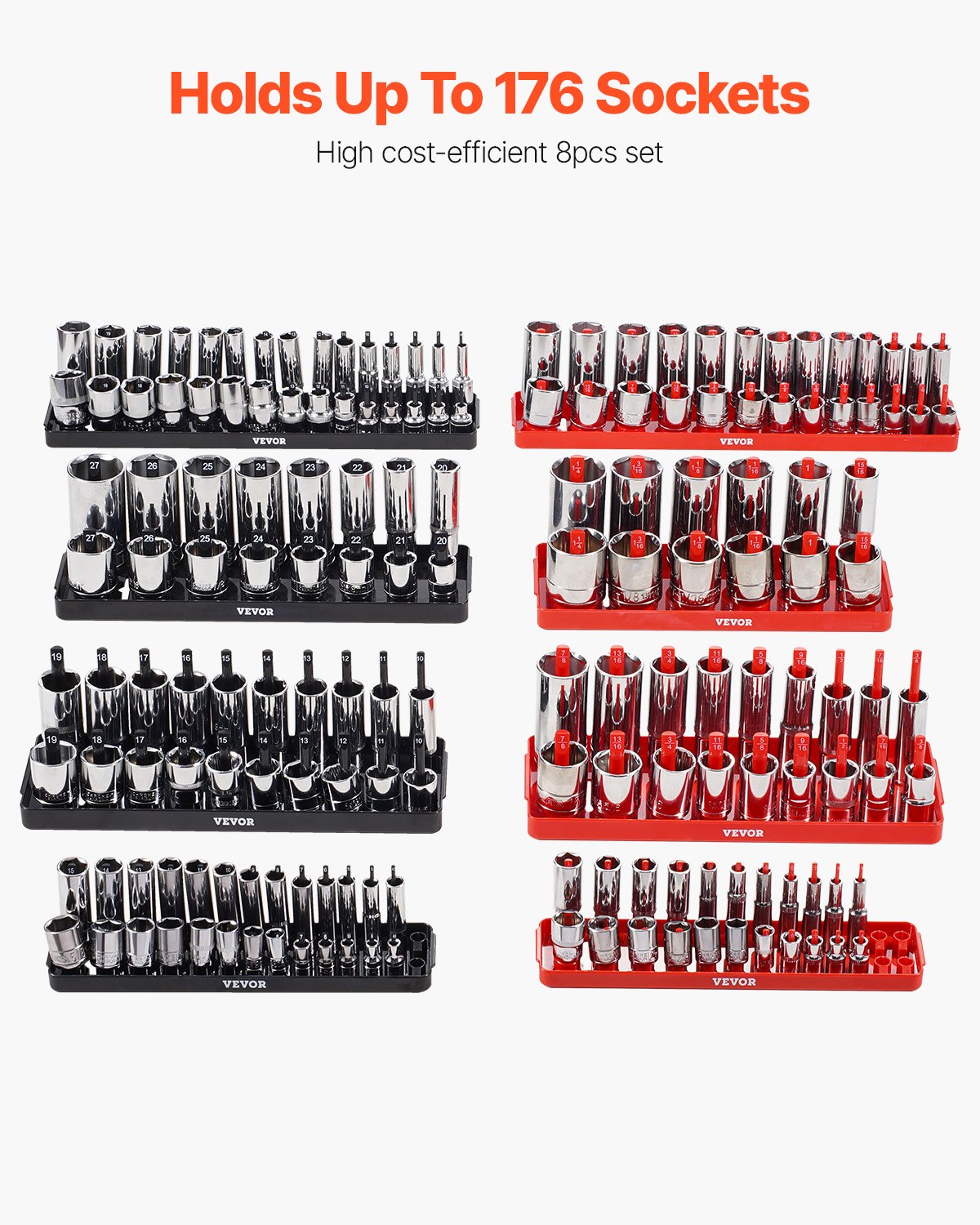Steckschlüssel-Organizer-Set, 8-teilig, High-Rod-Steckschlüssel-Unterlegscheibe, schwarz und rot, für metrische SAE-