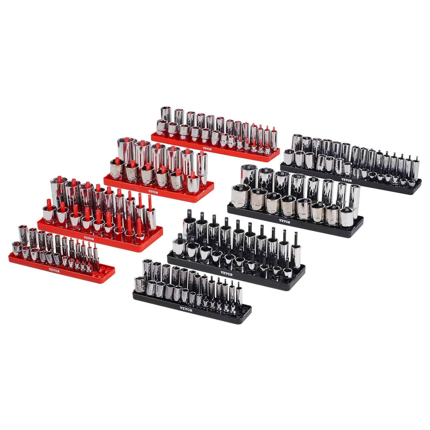 Steckschlüssel-Organizer-Set, 8-teilig, High-Rod-Steckschlüssel-Unterlegscheibe, schwarz und rot, für metrische SAE-
