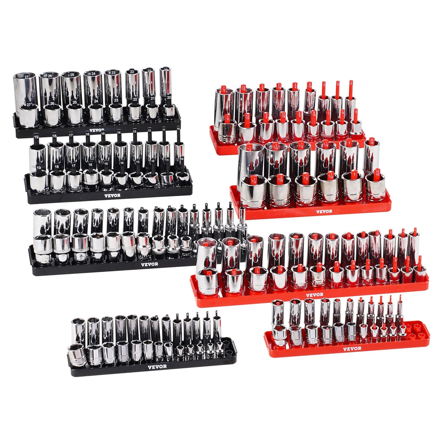 Steckschlüssel-Organizer-Set, 8-teilig, High-Rod-Steckschlüssel-Unterlegscheibe, schwarz und rot, für metrische SAE-