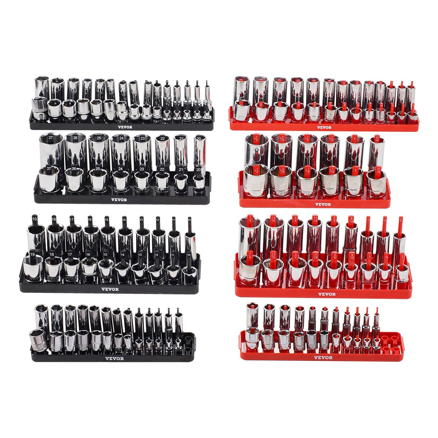 Steckschlüssel-Organizer-Set, 8-teilig, High-Rod-Steckschlüssel-Unterlegscheibe, schwarz und rot, für metrische SAE-