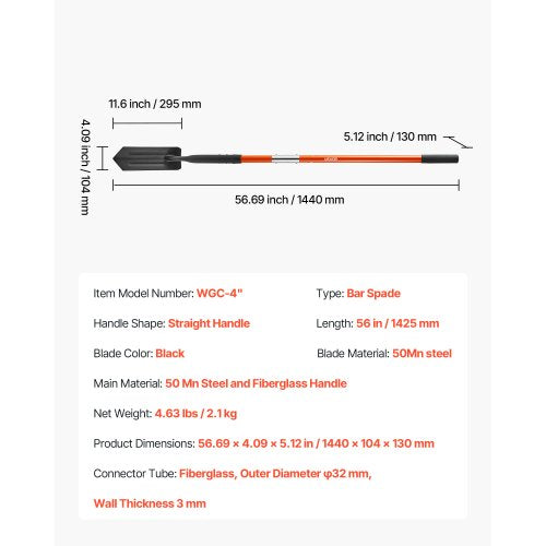 Dikespade, 10,4 cm blad Kraftig dikesspade, smal spadegrävare med glasfiberhandtag och halkfritt grepp, för trädgårdsarbete, grävning av hål, dikesgrävning och plantering, 142,5 cm | EU