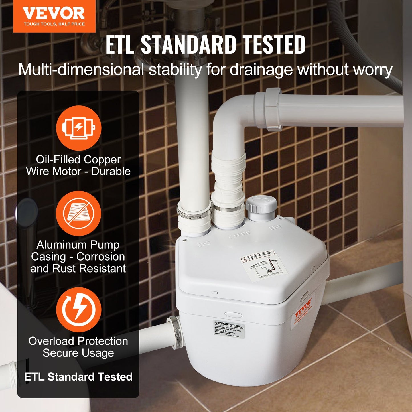 Utility Sink Pump Tvätt Sink Drän Pump System 200W 1500GPH 18ft Head 1-1/2" Utlopp Lågt dräneringsuttag Korrosionsbeständigt Lågt ljud för villakällare, tvättmaskiner, mångsidiga diskbänkar och barer