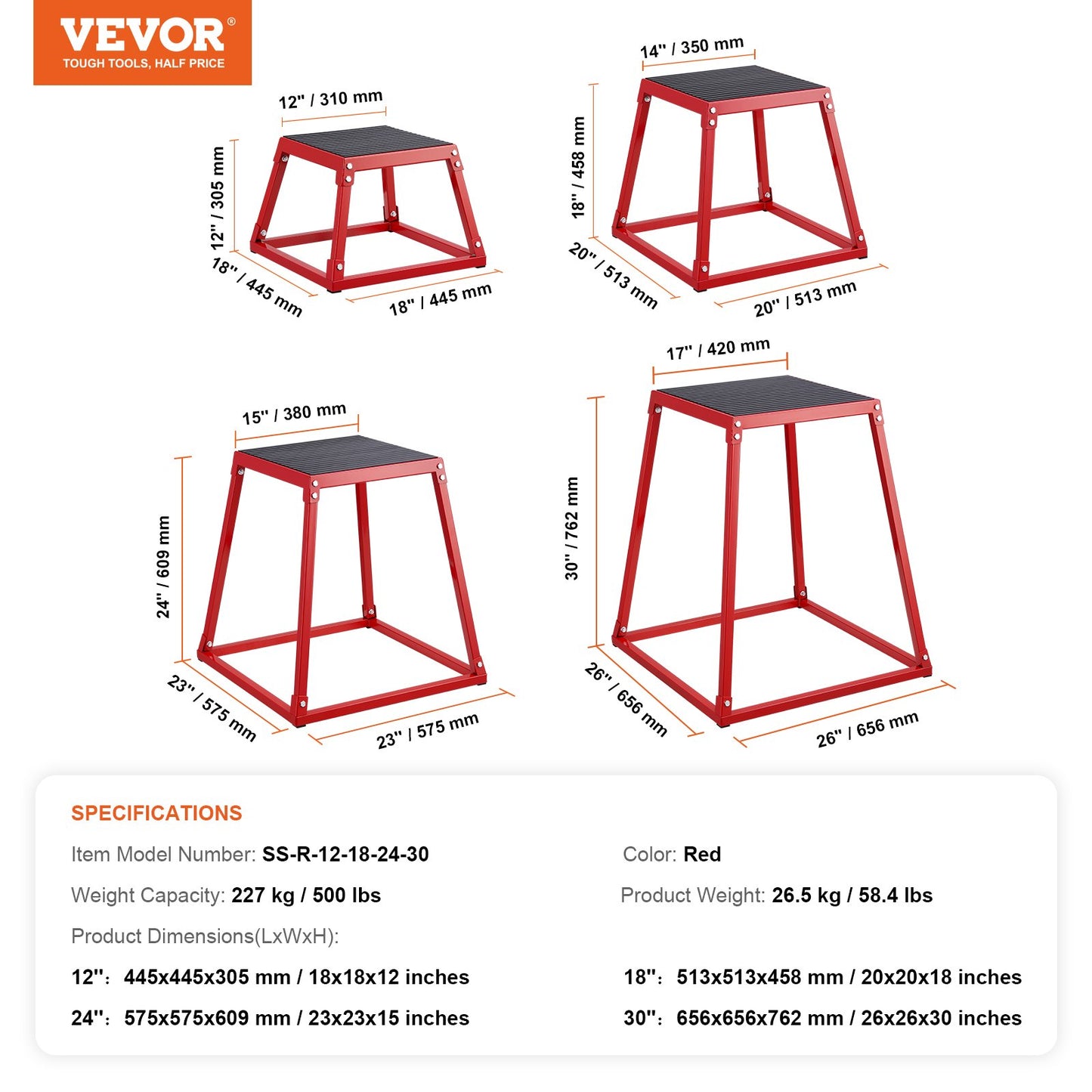 Plyometric Jump Boxes, 12/18/24/30 Inch Plyo Box, Platform and Jumping Agility Box, Anti-Slip Fitness Exercise Step Up Box Set for Home Gym Workout, Cardio Strength Training, Red