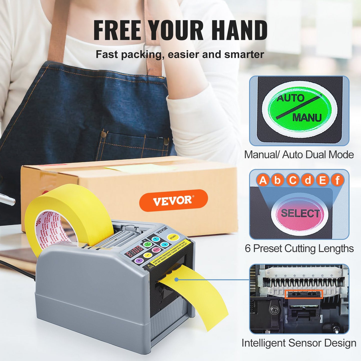 Zcut-9 Automatisk tejpdispenser självhäftande elektrisk tejpskärare Förpackningsmaskin Tejpskärmaskin 6-60 mm tejpbredd