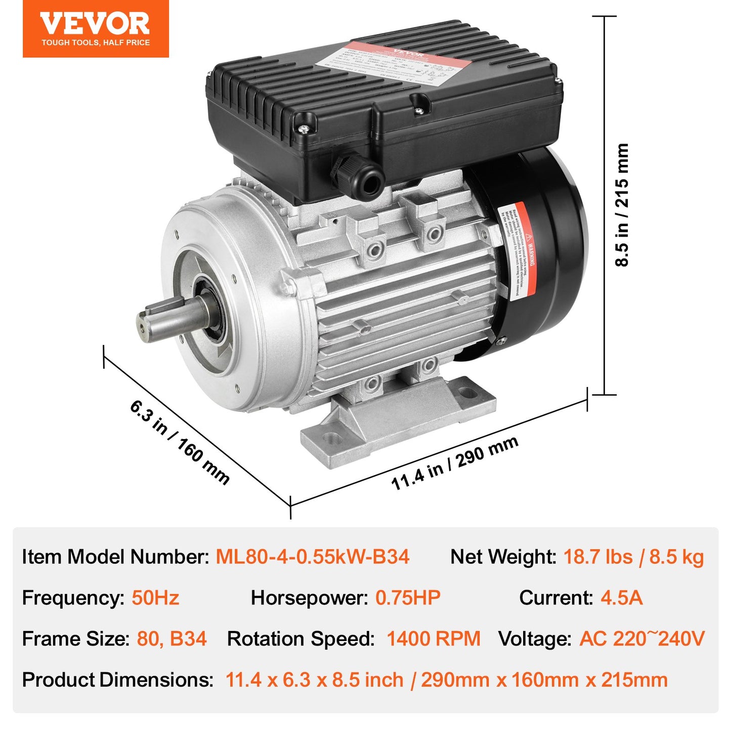 0,55KW elmotor 1400RPM AC 220~240V 4,5A 1-fas 19mm kilaxel
