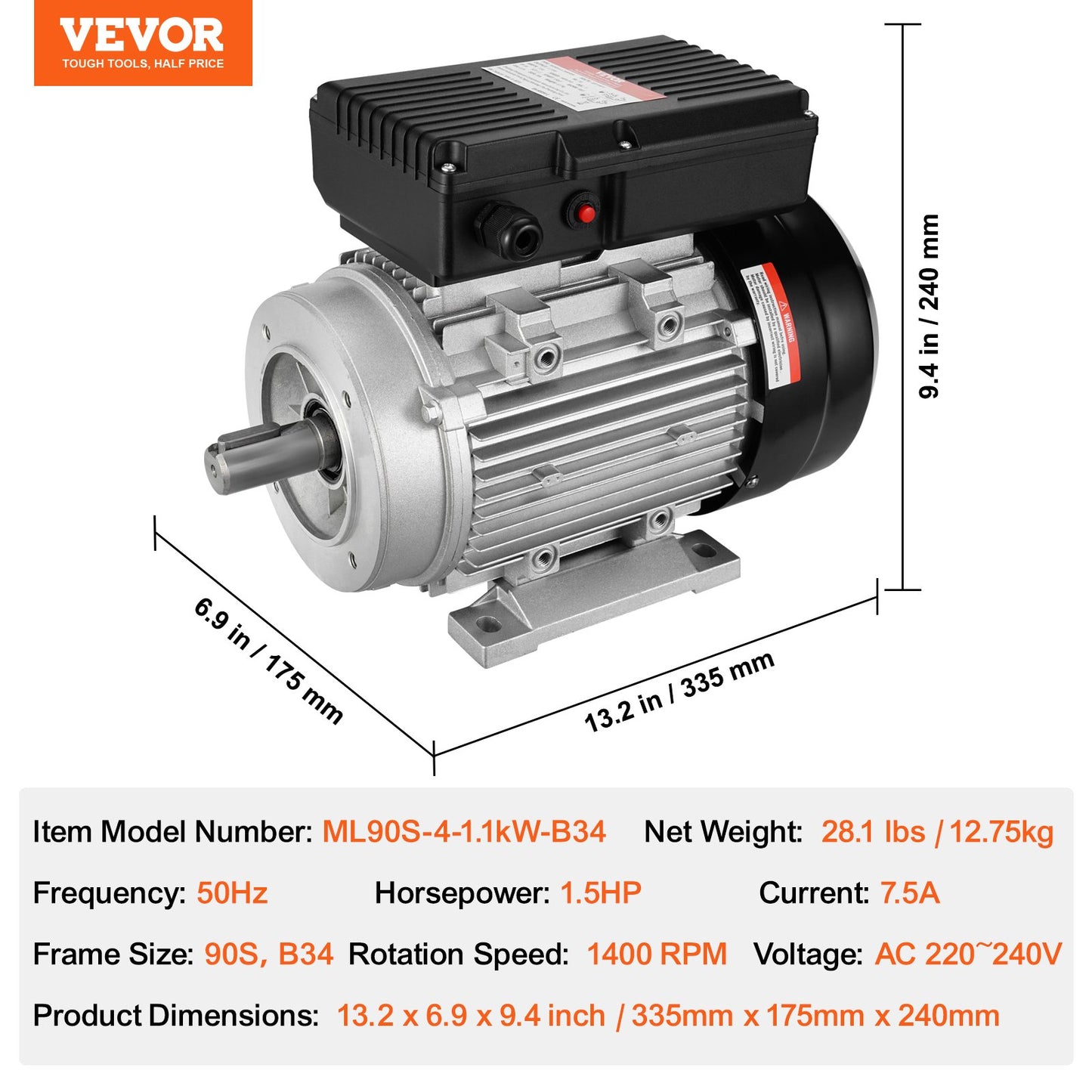 1,1 kW Elektromotor 1400 U/min AC 220~240 V 7,5 A 1-phasig 24 mm Keilwelle