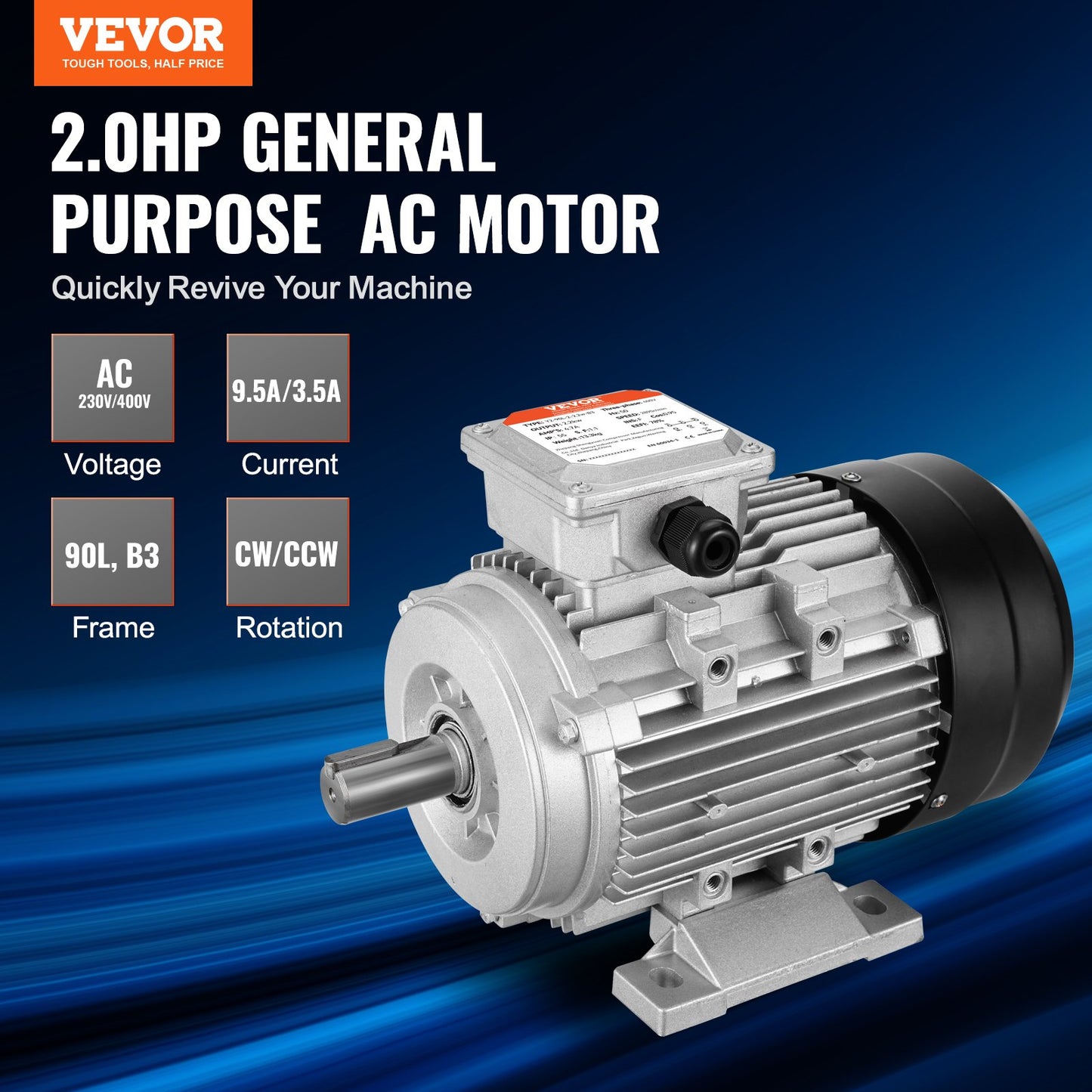 1,5KW elmotor 3000 rpm AC230/400V 9,5A/3,5A 3-fas 24 mm kilaxel