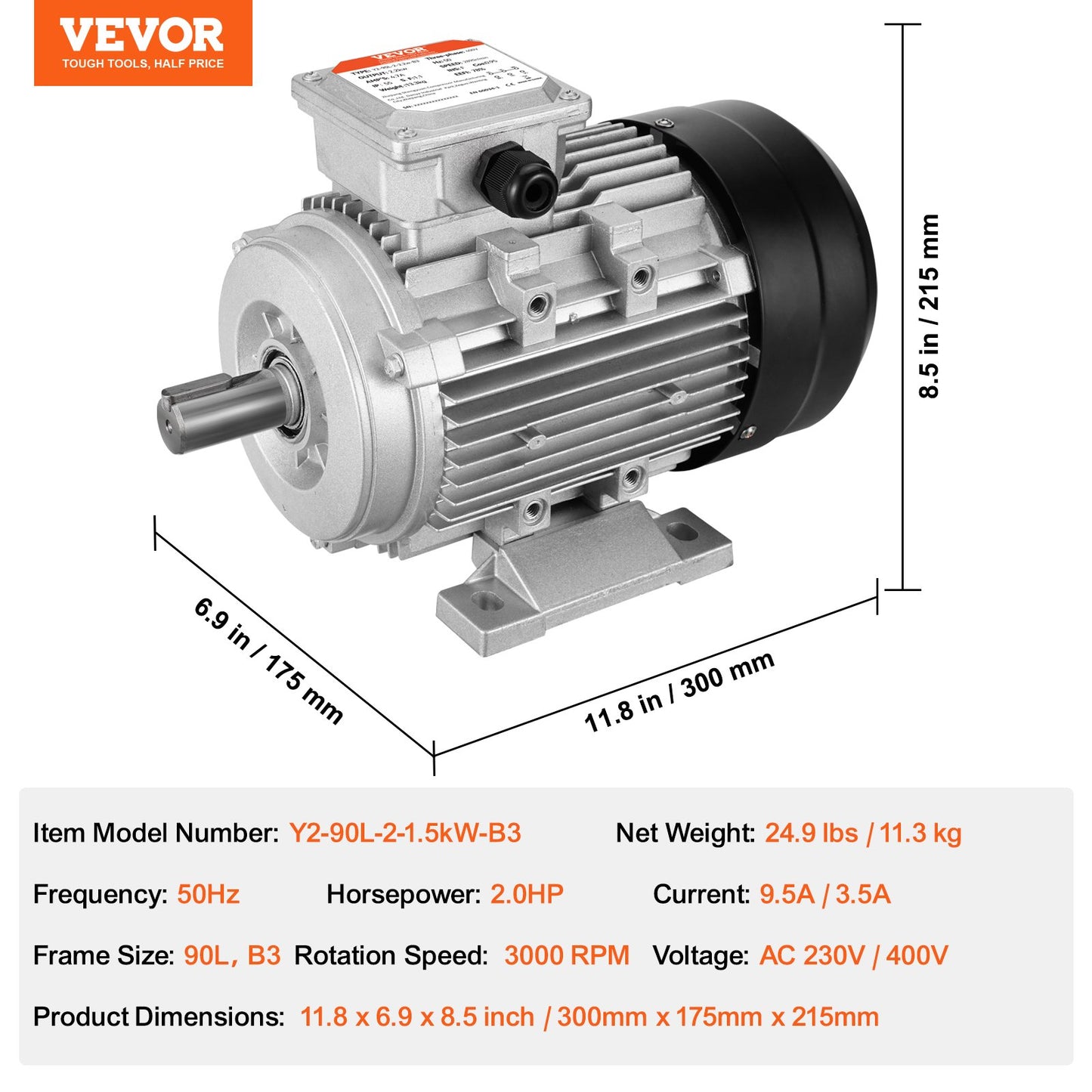 1,5KW elmotor 3000 rpm AC230/400V 9,5A/3,5A 3-fas 24 mm kilaxel