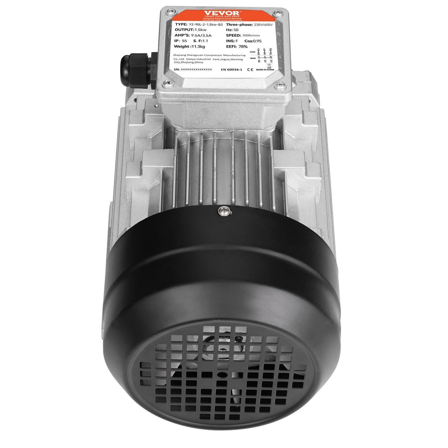 1,5KW elmotor 3000 rpm AC230/400V 9,5A/3,5A 3-fas 24 mm kilaxel