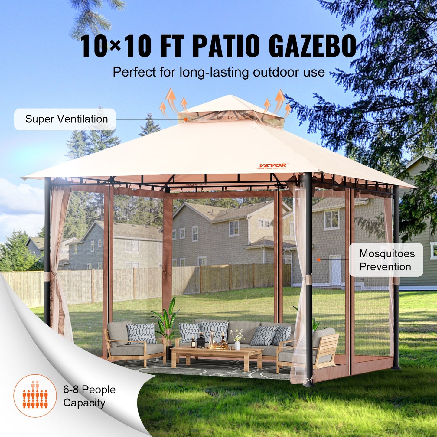 Terrassenpavillon für 6–8 Personen, 10 x 10 Fuß großer Gartenpavillon, mit Moskitonetz, Metallrahmen und PU-beschichtetem 180-G-Polyester, Außendachabdeckung für Terrasse, Hinterhof, Rasen, Garten, Deck