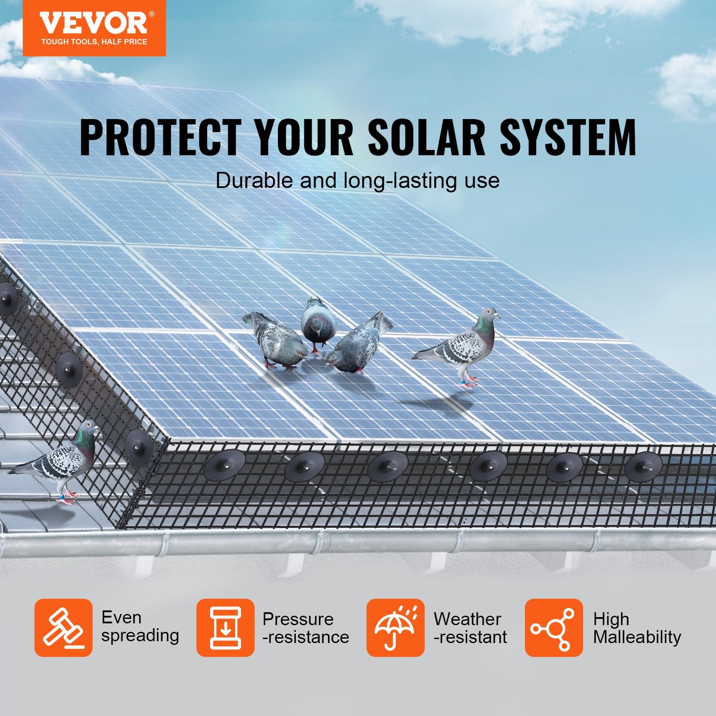 6 x 12 ft Solar Panel Bird Protection, Critter Guard Roll Kit with 60 Aluminum Alloy Brackets, Solar Panel Guard with Rustproof PVC Coating, 1/2" Wire Roll Netting