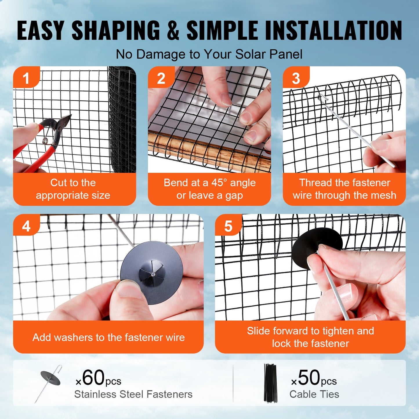 6 x 12 ft Solar Panel Bird Protection, Critter Guard Roll Kit with 60 Aluminum Alloy Brackets, Solar Panel Guard with Rustproof PVC Coating, 1/2" Wire Roll Netting