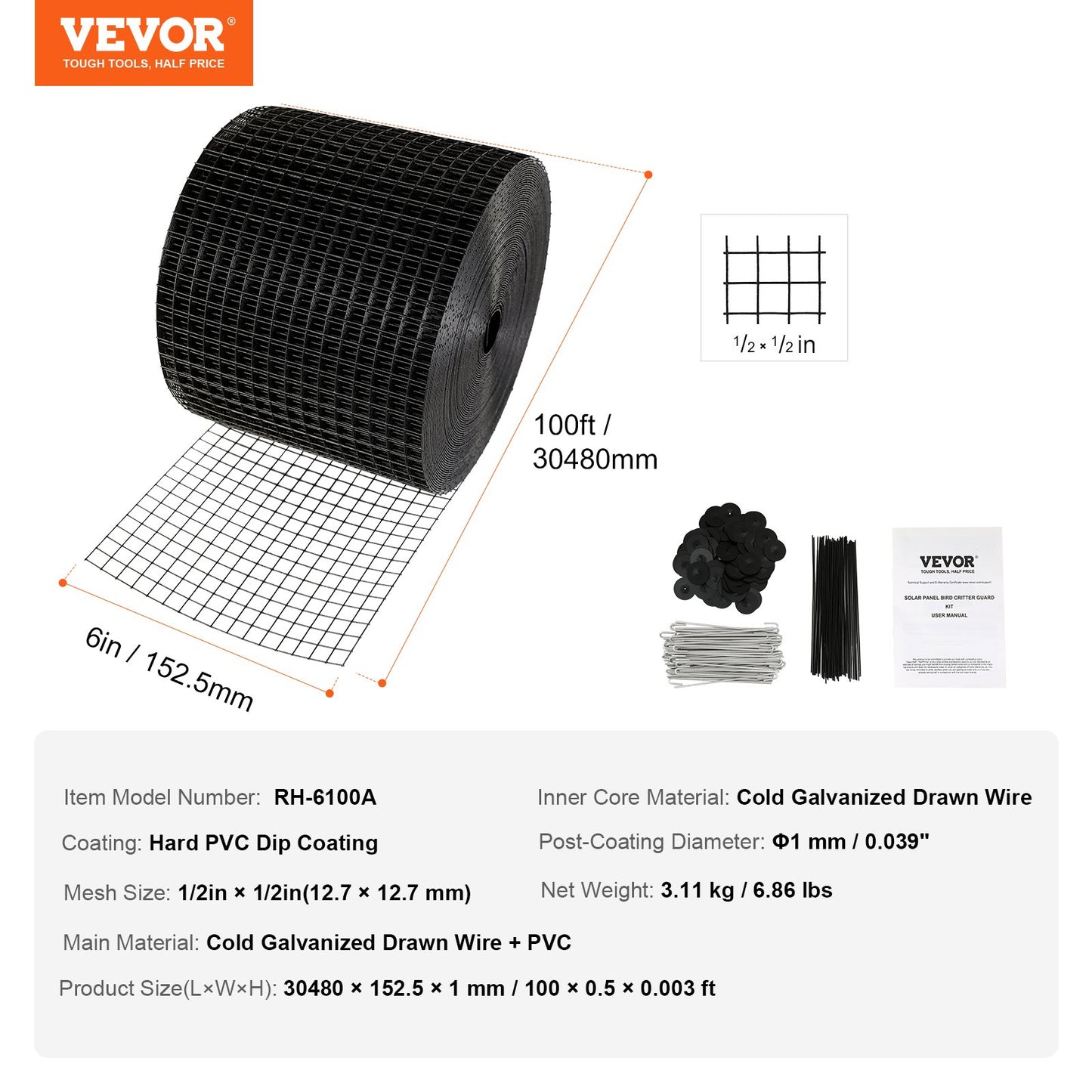 6 x 12 ft Solar Panel Bird Protection, Critter Guard Roll Kit with 60 Aluminum Alloy Brackets, Solar Panel Guard with Rustproof PVC Coating, 1/2" Wire Roll Netting